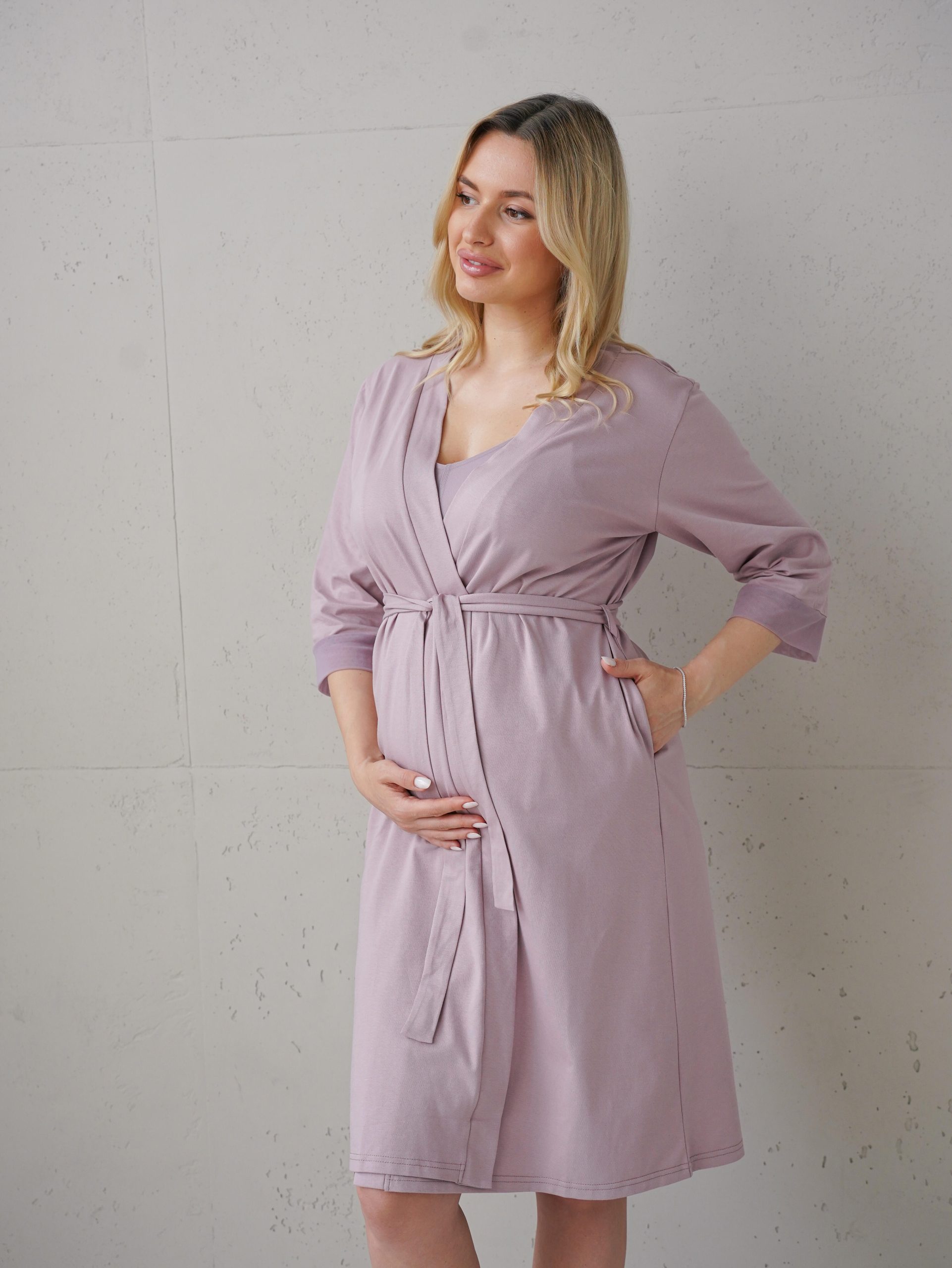 Халат трикотажний з бавовни та мікрофібрової сітки на рукавах Soft&Lace